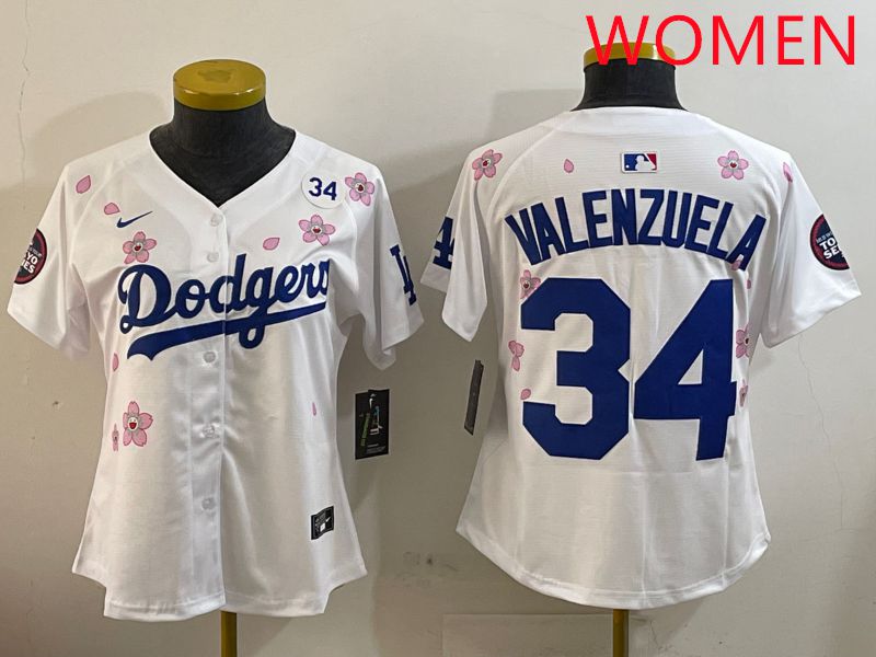 Women Los Angeles Dodgers #34 Valenzuela White Sakura Edition 2025 Nike MLB Jersey style 5